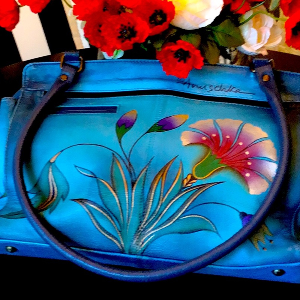 ANUSCHKE BLUE WITH FLOWERS ZIP LEATHER  BAG